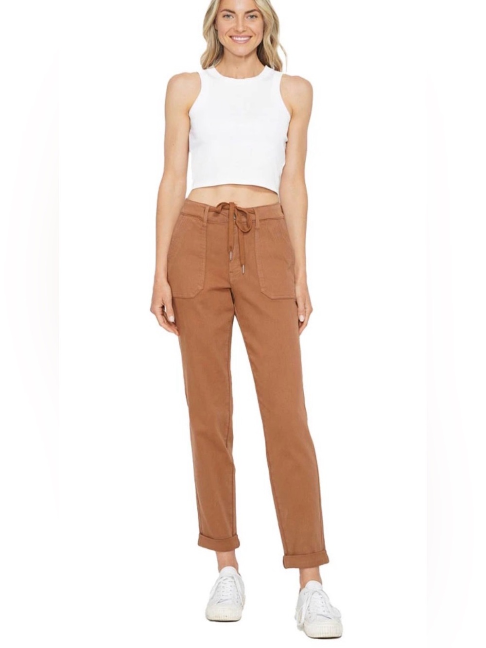 Judy Blue Caramel/Tan Straight-Leg Drawstring Utility Pants